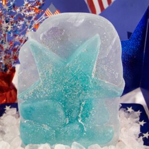 Blue star ice sculpture made from a mold for the 4th of July