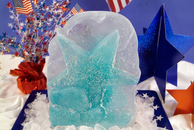 Blue star ice sculpture made from a mold for the 4th of July